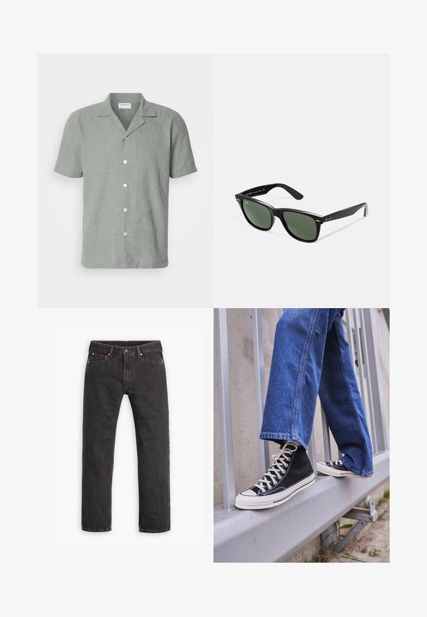 Lys grønn kortermet skjorte laget av lin, med en camp-krage og fem hvite knapper foran for lukking. Tekstured, uformell design.; Svarte straight-leg denim jeans med fem lommer, knappelukking og kobbernitter lagt flatt på en hvit bakgrunn.; Svarte høy-hælte joggesko med hvit såle og snøring, paired med løse blå denim-jeans, hvilende på et grått rekkverk.; Sorte plast-solbriller med grønne linser, firkantede rammer, sølvdetalje på brynene, og teksturerte stangarmen. Angitt merke på indre arm.