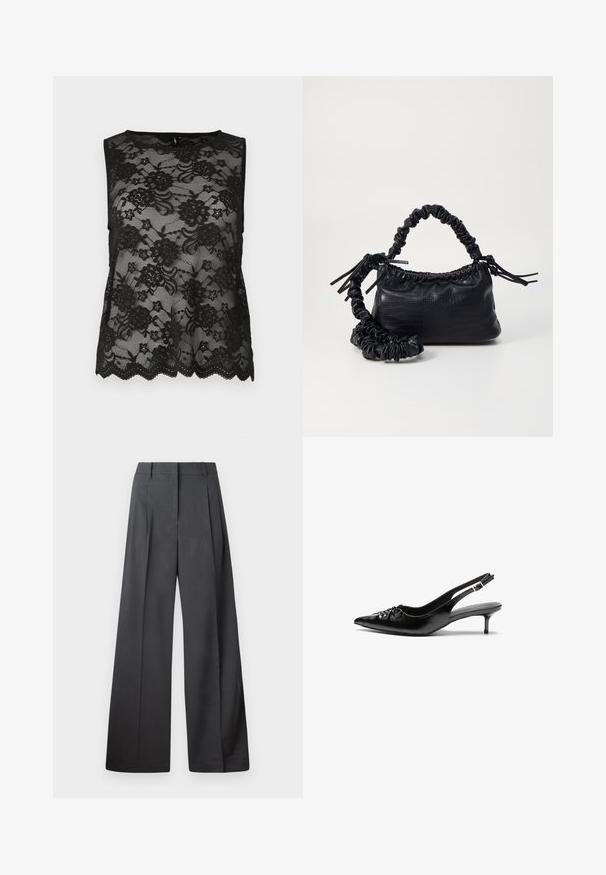 Top negru fără mâneci realizat din dantelă, cu motive florale, margine ondulată și o textură transparentă. Guler simplu, rotund.; Pantaloni culți din țesătură gri închis, cu talie înaltă, pliuri simple și o textură netedă, cu o finisare curată la tivuri.; Cizme slingback din piele neagră, cu vârf ascuțit, toc mic de tip kitten heel și un detaliu decorativ sub formă de nod în față. Textură netedă pe întreaga suprafață.; Geantă din faux leather neagră cu textură de crocodil, cu partea superioară strânsă și o curea mototolită. Pare moale și compactă ca design.