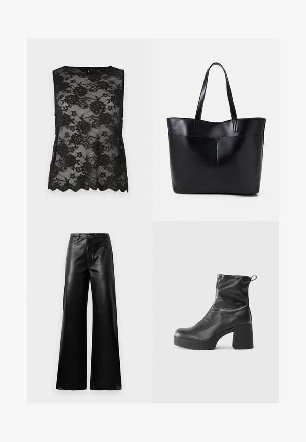 Svart ermeløs topp laget av blonder, med blomsterdetaljer, bølget underkant og gjennomsiktig tekstur. Enkel rund halslinning.; Sorte høy midje vide ben bukser i imitert skinn med knapp foran, glidelås, beltehemper og sidelommer på hvit bakgrunn.; Svarte ankelstøvler laget av glatt lær, med glidelås på siden, chunky strukturert hæl, og rund tå-design.; Svart lær toteveske med to lange håndtak, en glatt tekstur og en strukturert form. Har en frontlomme for ekstra oppbevaring.