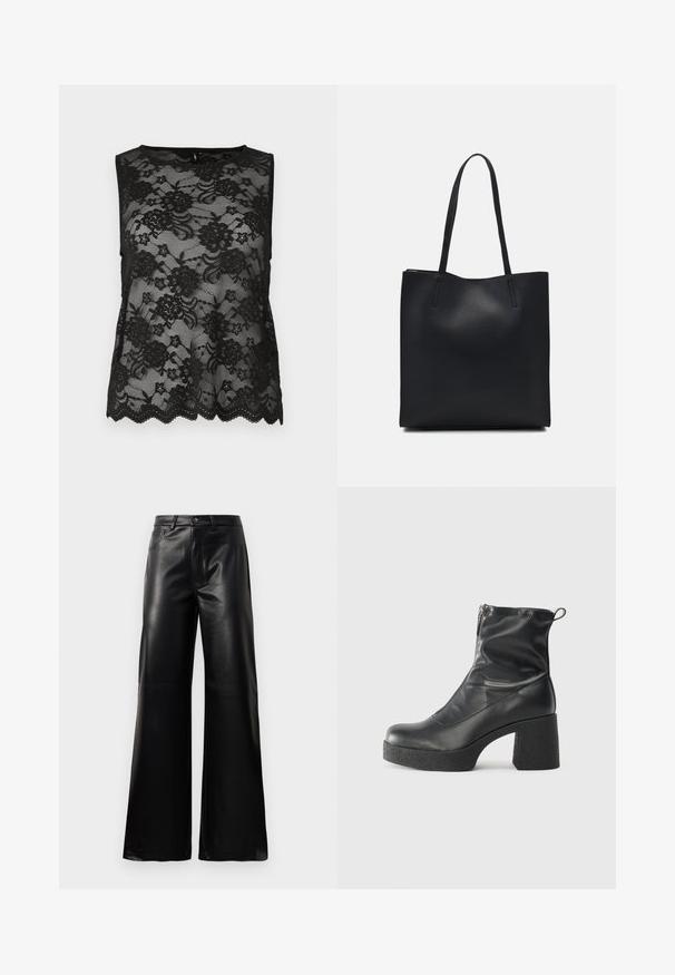 Svart ermeløs topp laget av blonder, med blomsterdetaljer, bølget underkant og gjennomsiktig tekstur. Enkel rund halslinning.; Sorte høy midje vide ben bukser i imitert skinn med knapp foran, glidelås, beltehemper og sidelommer på hvit bakgrunn.; Svarte ankelstøvler laget av glatt lær, med glidelås på siden, chunky strukturert hæl, og rund tå-design.; Svart lær tote bag med glatt tekstur, rektangulær form og to lange håndtak. Ingen synlige deler eller dekorasjoner.