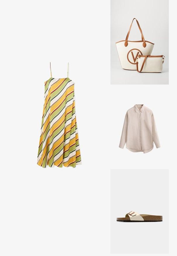 Light beige long-sleeve shirt in textured fabric. Button-down front with a single chest pocket. Rounded hem and classic collar design.; A sleeveless dress with a flowing shape, featuring diagonal stripes in green, yellow, and white with red accents, made of smooth fabric.; Slide sandal featuring a light metallic upper, cork footbed, and textured brown rubber sole. Buckle detail with logo accent.; Canvas tote bag in cream with brown leather accents, featuring a prominent circular V logo. Includes a small matching crossbody pouch.