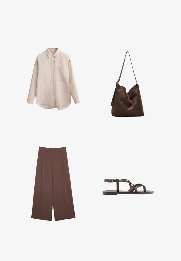Svetlo béžová dlhá košeľa s dlhým rukávom z textúrovaného materiálu. Zapínanie na gombíky vpredu so single vreckom na hrudi. Zaoblený lem a klasický dizajn goliera.; Hnedé nohavice so širokými nohavicami a hladkou textúrou, s vysokým pásom a prednými skladmi. Tkanina je ľahká a voľne sa pohybuje.; Hnedé kožené sandály s krížovými popruhmi, uzatváraním na pracku okolo členku a plochou podrážkou s minimálnymi ševmi.; Hnedá semišová kabelka hobo s zakriveným vrchom, dlhým popruhom s bodkovanými akcentmi a jemnou textúrou. Má uvoľnený dizajn pre každodenné nosenie.