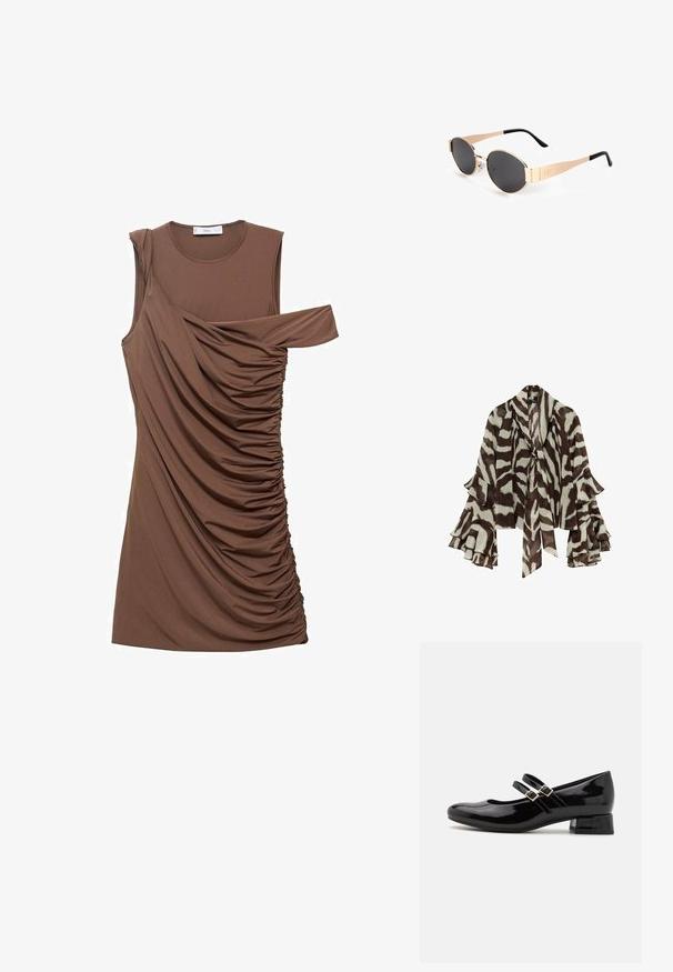 Mango Bluse - brown; Braunes ärmelloses Kleid aus weichem Stoff mit Drapierung und asymmetrischem Schnitt an einer Schulter. Verfügt über seitliche Raffung.; Schwarze Lackleder-Mary-Jane-Schuhe verfügen über eine abgerundete Zehenpartie, zwei verstellbare Schnallenriemen und einen niedrigen Blockabsatz. Glatte Textur, minimalistisches Design.; Goldfarbene ovale Sonnenbrillen mit dunklen Gläsern, die ein elegantes Design, dünne Bügel und einen schwarzen Akzent am Schläfenbereich aufweisen. Modellnummer L37.; Goldfarbene rechteckige Armbanduhr mit minimalistischem Design, ausgestattet mit einem cremfarbenen Zifferblatt, goldenen Zeigern und einem Gliederarmband aus Metall. Die Markierungen umfassen den Markennamen.