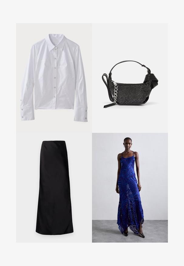 Valkoinen pitkähihaista paitaa, joka on valmistettu sileästä kankaasta, jossa on terävä kaulus, etupainikkeet ja rakenteelliset saumat, jotka tarjoavat istuvan leikkauksen. Hopeiset nappikoristeet.; Norma Kamali BIAS OBIE SKIRT - Maksihame - black; Sininen ja violetti eläinkuosinen maksimekko ohuiden hihnojen kanssa, istuva yläosa, levenevä helma ja läpikuultava yksityiskohtainen päällyste.; Musta käsilaukku, jossa on niittikoristeet, ketjuhihna ja sileä nahkakahva, pyöreä muoto ja vetoketjullinen osasto.