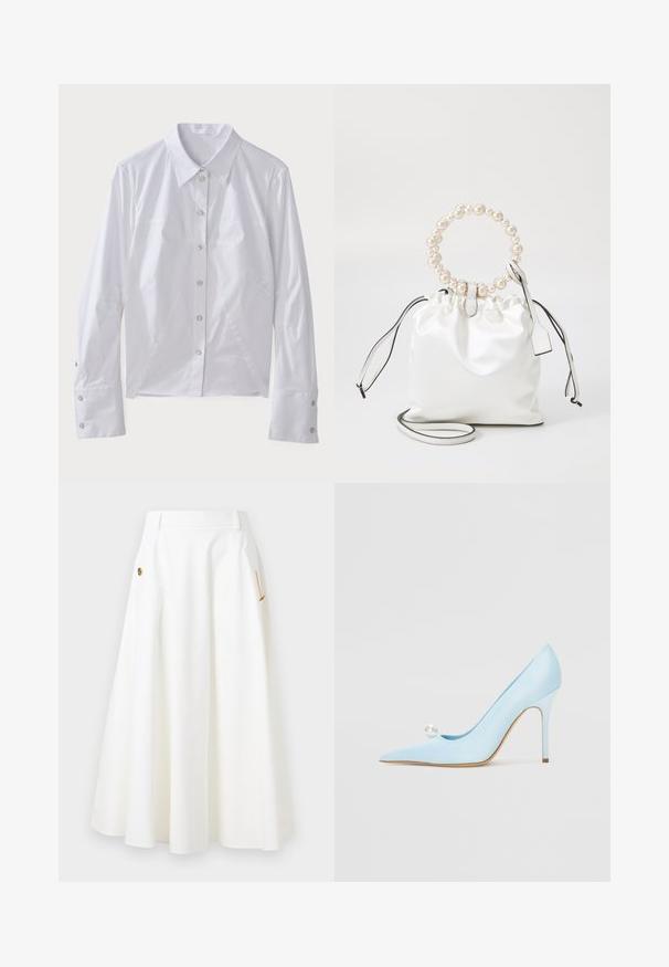 Bijela košulja dugih rukava od glatkog materijala, s oštrim ovratnikom, prednjim gumbima i strukturiranim šavovima za prilagođeni kroj. Srebrni detalji na gumbima.; Bijela midi suknja A-linija s bočnim džepovima, zlatnim lancem i dekorativnim dugmadima, te petljama za remen na pojasu.; GIABORGHINI Visoke pete - blue; Bijela satenska torba na vezanje s okruglom drškom ukrašenom biserima, kožnim detaljima i odvojivim remenom za svestranost.