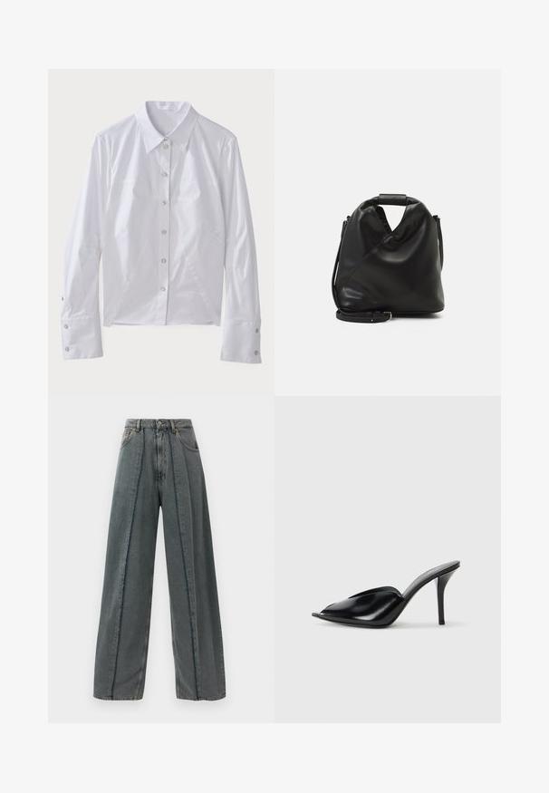 White long-sleeve shirt made of smooth fabric, featuring a pointed collar, front buttons, and structured seams for a tailored fit. Silver button accents.; Wide-leg dark gray denim jeans with high waist, frayed seam details running vertically down the front, and classic five-pocket design.; Black leather high-heeled mules with an open toe, pointed design, smooth texture, and a slim stiletto heel.; Black, soft leather bag with a unique twisted design. Features a short handle and a detachable shoulder strap. Minimalist style.