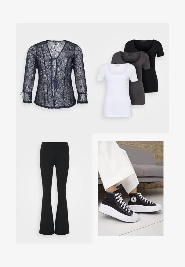 Blusa in pizzo blu navy con scollatura a V e maniche a tre quarti. Presenta dettagli con fiocco sul davanti e bordi scallop. Leggera e trasparente.; Tre T-shirt aderenti in bianco, grigio e nero. Ognuna presenta un ampio scollo a barca e maniche corte. Realizzate in un tessuto morbido e elastico.; Pantaloni neri a zampa d'elefante realizzati in tessuto elasticizzato, con una vita alta e una superficie liscia. I pantaloni si allargano a partire dal ginocchio.; Sneaker alte nere in tela con suole e lacci bianchi. Presentano un logo circolare sul lato e cuciture bianche a contrasto.
