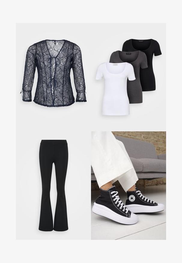 Navy blue lace blouse with a V-neck and three-quarter sleeves. Features tie details at the front and scalloped edges. Lightweight and sheer.; Three fitted T-shirts in white, gray, and black. Each features a wide scoop neckline and short sleeves. Made from smooth, stretchy fabric.; Black flared pants made of stretchy fabric, featuring a high waistband and a smooth texture. The pants flare out from the knee.; Black high-top sneakers with white rubber soles and laces. Features a round logo patch and contrasting white stitching. Canvas material.