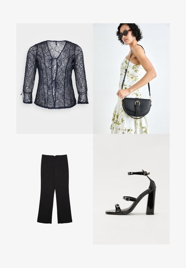 Marineblaue Spitzenbluse mit V-Ausschnitt und Dreiviertelärmeln. Verfügt über Bindebänder vorne und gewellte Kanten. Leicht und durchsichtig.; Schwarze Hose mit geradem Schnitt, ausgestattet mit Fronttaschen und Seitenschlitzen am Saum. Hergestellt aus weichem, glattem Stoff. Geeignet für verschiedene Anlässe.; Schwarze patentierte Sandalen mit Absatz, quadratischer Spitze, Knöchelriemen und silbernen Schnallen. Mit einem stabilen Blockabsatz für mehr Stabilität.; Schwarze Lederhandtasche mit geschwungener Form, abnehmbarem Tragegurt und goldenen Beschlägen. Die Tasche verfügt über einen Deckel mit einer Schnallen-Details.