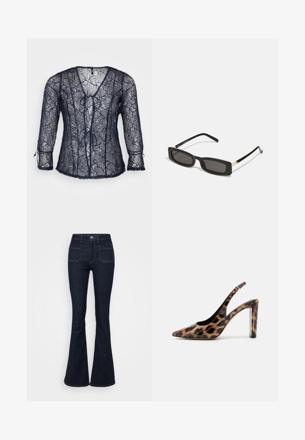 Námorníckomodrá čipkovaná blúzka s výstrihom do V a tromi štvrtinovými rukávmi. Obsahuje detaily viazania vpredu a zúbkované okraje. Ľahká a priesvitná.; Tmavomodré rozšírené džínsy vyrobené z denimu, s vysokým pásom, piatimi vreckami a kontrastným šitím pozdĺž švov. Hladká textúra.; Lodičky so slingback v leopardom vzore s ostrou špičkou a priehľadným blokovým podpätkom. Vyrobené z lesklého materiálu s hladkou textúrou.; Čierne obdĺžnikové slnečné okuliare s tmavými šošovkami, lesklými plastovými rámami a zlatými akcentmi na spánkoch. Minimalistický dizajn a štíhly tvar.