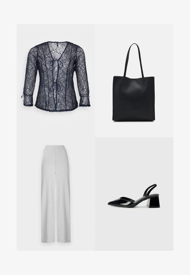 Jūras zila mežģīņu blūze ar V veida kakla izgriezumu un trīs ceturtdaļu piedurknēm. Priekšpusē ir piesaistes detaļas un viļņotas malas. Vieglas un caurspīdīgas.; Gaiši pelēkas ribotas platā kāju bikses ar augstu jostu un priekšējo šķelšanos. Izgatavotas no mīkstas auduma ar gludu tekstūru.; Melna lakota āda ar atvērto papēdi, ar smailu purngalu un ģeometrisku blokpapēdi. Iezīmējas elegants, minimāls dizains un gluda tekstūra.; Melnas ādas somiņa ar gludu tekstūru, taisnstūra formu un divām garām rokturiem. Nav redzamu aparatūras vai rotājumu.