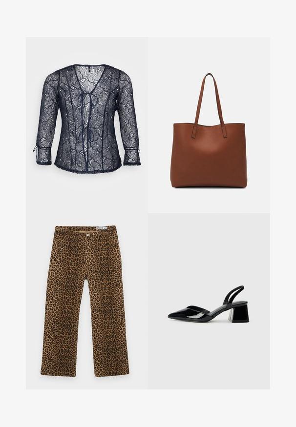 Temnoravna čipkasta bluza v mornarsko modri barvi z V-izrezom in rokavi do tri četrtine. Ima zavezujoče podrobnosti na sprednji strani in valovite robove. Lahek in prosojen.; Hlače z leopardskim potiskom, ki imajo rjav in črn vzorčasto, ravno obliko in klasično pet-pocket zasnovo. Narejene iz bombažne mešanice.; Črne lakirane slingback pete s koničastim nosom in geometrijsko blokasto peto. Imajo eleganten, minimalističen dizajn in gladko teksturo.; Rjava usnjena torba z gladko teksturo, odprto zasnovo zgoraj in dvema naramnima trakovoma. Opremljena je z minimalnim šivanjem in brez vidnih kovinskih delov.