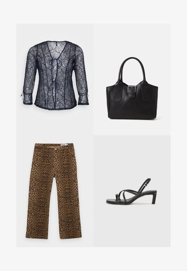 Navy blue lace blouse with a V-neck and three-quarter sleeves. Features tie details at the front and scalloped edges. Lightweight and sheer.; Leopard print pants featuring a brown and black pattern, straight-leg design, and classic five-pocket styling. Made from cotton blend fabric.; Black strappy sandal with a square toe and a low block heel. Features multiple thin straps and an adjustable ankle strap. Made of smooth leather.; Black leather tote bag with smooth texture, structured shape, two handles, and a prominent silver buckle detail on the front.