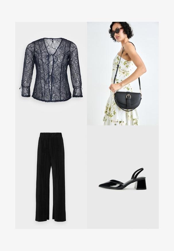Marineblaue Spitzenbluse mit V-Ausschnitt und Dreiviertelärmeln. Verfügt über Bindebänder vorne und gewellte Kanten. Leicht und durchsichtig.; Schwarze plissierte Hose mit elastischem Bund. Verfügt über weite Hosenbeine und einen glatten, strukturierten Stoff mit vertikalen Streifen.; Schwarze Lackleder-Slingback-High Heels mit spitzem Schuh und einem geometrischen Blockabsatz. Verfügt über ein schlankes, minimalistisches Design und eine glatte Textur.; Schwarze Lederhandtasche mit geschwungener Form, abnehmbarem Tragegurt und goldenen Beschlägen. Die Tasche verfügt über einen Deckel mit einer Schnallen-Details.