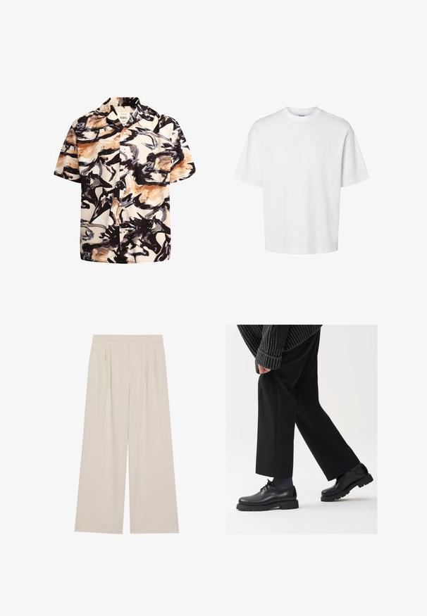 Camicia a maniche corte in tessuto crema chiaro con un motivo astratto nero, marrone e blu. Presenta un'apertura con bottoni sul davanti e colletto aperto.; T-shirt bianco in cotone con maniche corte, scollo rotondo e vestibilità rilassata. Texture liscia senza pattern o dettagli visibili.; Pantaloni beige a gamba larga con parte frontale liscia, pieghe e vita elastica. Realizzati in un tessuto leggero con una consistenza morbida.; Scarpe in pelle nera con punta arrotondata, design con lacci e suola spessa e texture. Indossate con pantaloni neri su misura e un maglione a coste.