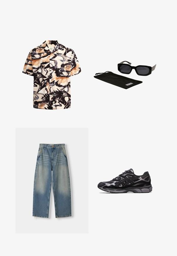 Korte mouwen shirt van licht crèmekleurige stof met een abstract patroon in zwart, bruin en blauw. Heeft een knoopsluiting aan de voorkant en een open kraag.; Lichtblauwe denim broek met wijde pijpen en een vervaagde afwerking, vijf zakken ontwerp en een ruwe zoom. Voorzien van een knoop- en ritssluiting aan de voorkant.; Zwarte sportschoen met een bovenwerk van mesh en suede, met een gestructureerd ontwerp en een robuuste, gewatteerde grijze zool.; Zwarte zonnebril met hoekige, oversized monturen en donkere lenzen, vergezeld van een zwarte microfiber zak met een logo erop.