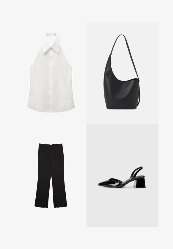 Mango CHIARA - Top - off-white; Pantaloni neri a gamba dritta, con tasche frontali e spacchi laterali all'orlo. Realizzati in tessuto morbido e liscio. Adatti a diverse occasioni.; Décolleté in vernice nera con punta affusolata e tacco in geometria cubica. Presentano un design elegante e minimalista, con una texture liscia.; Borsa hobo nera in pelle con una superficie liscia, forma curvata e una singola tracolla regolabile; presenta un'ampia apertura nella parte superiore.