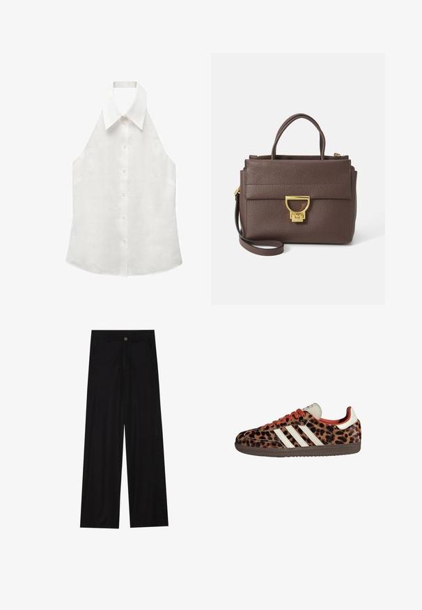 Mango CHIARA - Top - off-white; Schwarz weit geschnittene Hose aus einem glatten Stoff, mit frontalen Taschen und einem Knopfverschluss an der Taille. Minimalistisches Design ohne Muster.; Sneaker im Leopardenmuster aus Wildleder mit roten Schnürsenkeln und drei weißen Streifen an der Seite. Sie haben eine cremefarbene Zunge und eine braune Sohle.; Braune Ledertasche mit strukturierter Oberfläche, goldenen Beschlägen, oberen Griffen und abnehmbarem Schultergurt; besitzt eine Vorderklappe mit einem Verschluss.; Goldfarbene rechteckige Armbanduhr mit Zifferblatt in Weiß, silbernen Stundenmarkierungen und einem strapazierfähigen Metallarmband. Wasserfest.