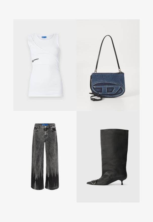 Fehér bordás ujjatlan felső aszimmetrikus szabással, egy vállpánttal és egy diszkrét fekete logóval az elülső oldalon.; Tág lábú farmer sötétített fekete denimből, amely dip-dye hatással rendelkezik, acélból készült kiegészítőkkel és klasszikus öt zsebes kialakítással, standard derékpánttal.; Fekete bőr bokacsizma hegyes orral, kis sarokkal és fémes díszítéssel az orrán. Az egész felületen sima, matt textúra.; Farmer anyagú keresztpántos táska fekete bőrszíjjal, ovális logóval az elején és cipzáros záródással a tetején. Texturált felület.