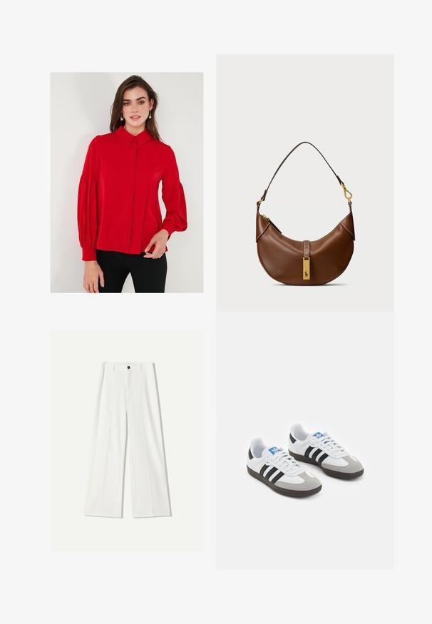 Red, long-sleeve blouse with a button-up front, collar, and voluminous sleeves. Smooth fabric with a fitted waist and slight gathering at the cuffs.; White wide-leg trousers made of smooth fabric, featuring a front button closure and pleated details. Flat front design, no pockets visible.; Sport shoes with a white leather upper, gray suede toe, and three black stripes. Features a blue logo on the tongue and a textured rubber sole.; Brown leather shoulder bag with curved shape, gold hardware, top clasp detail, and a logo accent. Smooth texture with stitched edges.
