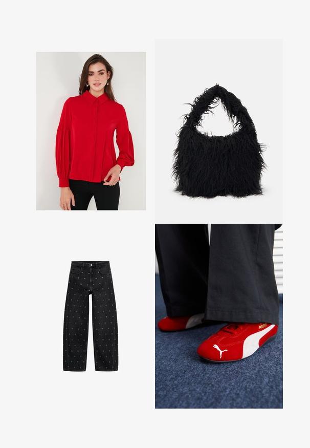 Rode blouse met lange mouwen, knoopsluiting aan de voorkant, kraag en volumineuze mouwen. Glad materiaal met een aansluitende taille en lichte plooien bij de manchetten.; Zwarte denim wide-leg jeans met een patroon van kleine zilveren oogjes, met een klassieke vijf-pocket design en een knoopsluiting aan de voorkant.; Rode suède sneakers met witte accenten, met een textuurmateriaal, ronde neus en een gouden logo aan de zijkant, gedragen met zwarte broek.; Even&Odd Shopper - black