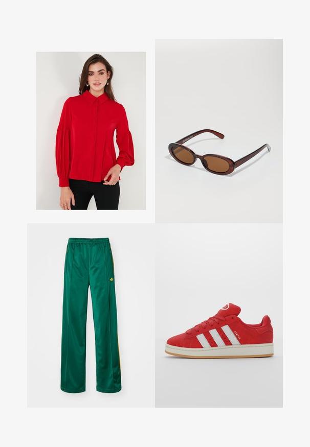 Rote Bluse mit langen Ärmeln, Knopfleiste, Kragen und voluminösen Ärmeln. Glattes Material mit taillierter Passform und leichter Raffung an den Bündchen.; Grüne satinierte Sporthosen mit entspannter Passform, mit gelben Streifenakzenten und einem gestickten Logo auf der linken Seite. Elastischer Bund.; Rote Wildleder-Sneaker mit drei weißen Streifen, Gummisohle, abgerundeter Zehe und gepolstertem Zungenbereich, versehen mit dem Detail "CAMPUS" an der Seite.; Runde, braun getönte Sonnenbrillen mit einem glänzenden burgunderfarbenen Rahmen. Schlanke Bügel mit dezentem Branding. Flaches Linsendesign.