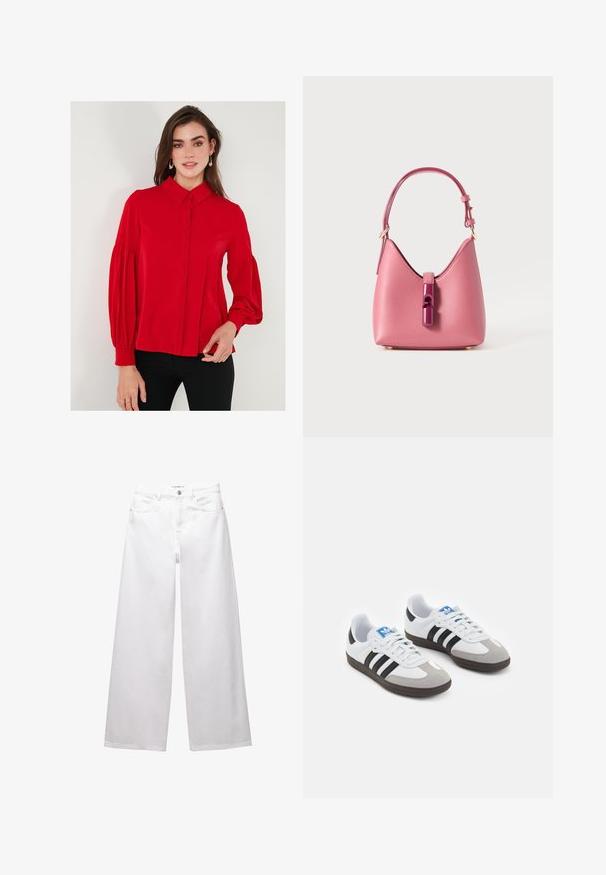 Rød bluse med lange ærmer, knaplukning fortil, krave og volumøse ærmer. Glat stof med en tætsiddende talje og let rynkning ved manchetten.; Hvide brede ben jeans lavet af denim. Har knaplukning, front- og baglommer samt syede sømme. Glat tekstur med minimal detaljering.; Sportsko med en overdel i hvid læder, grå ruskind på tåen og tre sorte striber. Har et blåt logo på tungen og en struktureret gummisål.; Lyserød læderhåndtaske med en struktureret form, der har en blank accenteringslås og en enkelt justerbar rem. Tekstureret finish med guldhardware.