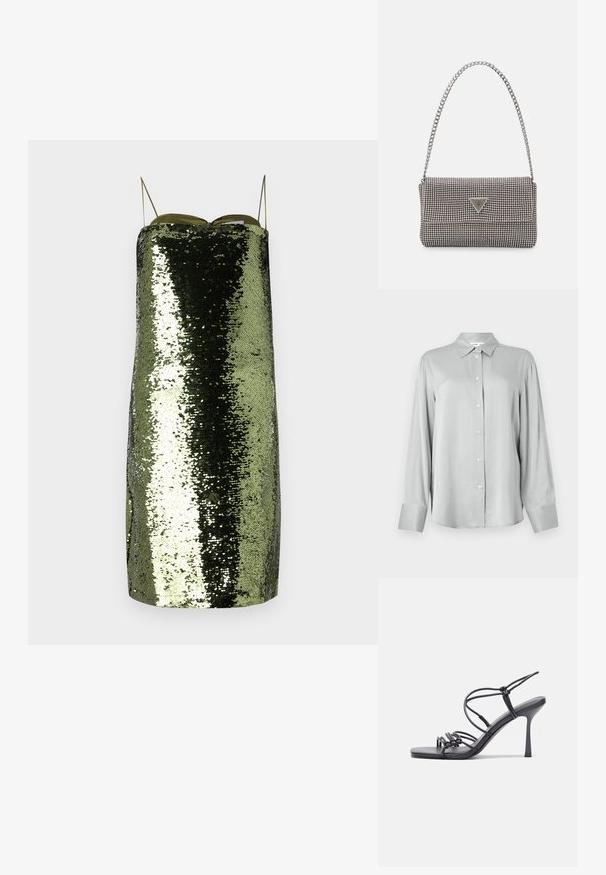 Lys grå langermet skjorte med strukturert krage og knappelukking foran. Laget av glatt stoff med avslappet passform og lange mansjetter.; Grønn paljettkjole med rett snitt, tynne justerbare stropper, med en reflekterende tekstur og en slank silhuett.; Svart høye hælsandaler har tynne stropper med en knyttet design, en glatt firkantet tå og en elegant stiletto-hæl.; Lys grå metallisk håndveske med kjedehank, dekorert med små sirkulære metalliske nagler og en triangel merkevarelogo.