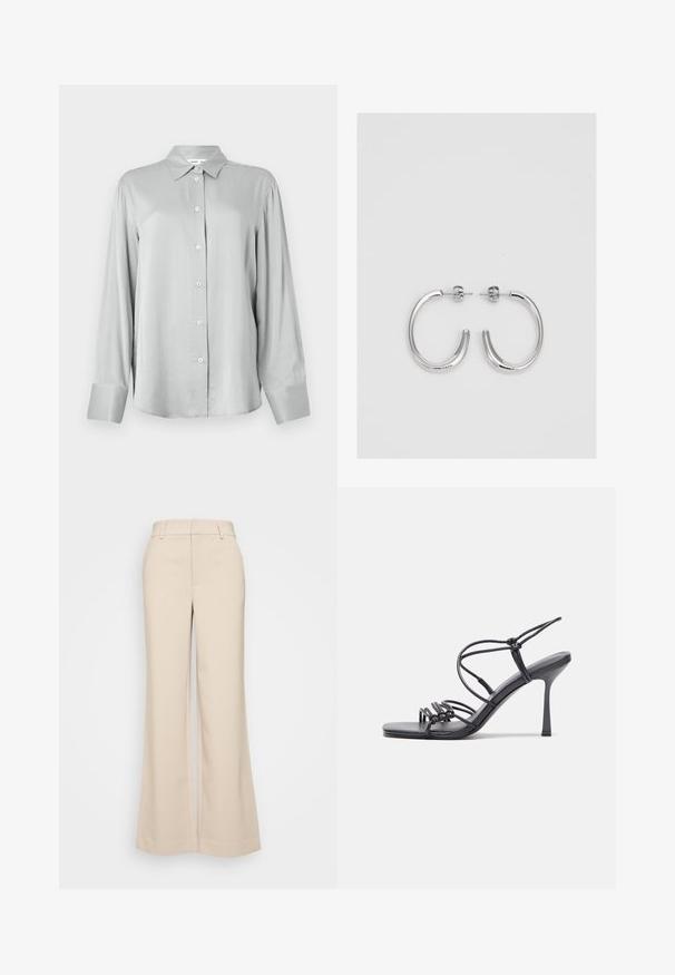Camisa de manga larga gris claro con cuello estructurado y cierre frontal de botones. Confeccionada en una tela suave, tiene un ajuste holgado y puños largos.; Pantalones de pierna ancha beige con una textura suave, que presentan una cintura alta y dos bolsillos frontales. Diseño limpio con un ajuste entallado.; Las sandalias negras de tacón alto presentan finas correas con un diseño anudado, una punta cuadrada suave y un elegante tacón de aguja.; Aros de plata en forma de aro con un acabado liso y brillante. Diseño redondeado y ligero, con cierre de tipo post-back.