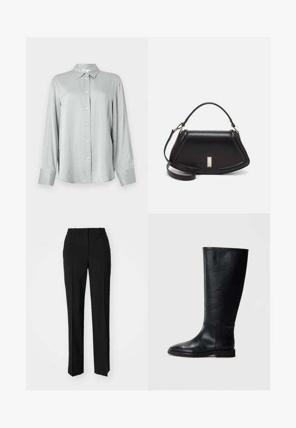 Camicia a maniche lunghe grigia chiara con colletto strutturato e chiusura frontale a bottoni. Realizzata in tessuto morbido con vestibilità rilassata e polsini lunghi.; Pantaloni neri su misura con un design a gamba dritta, caratterizzati da una texture liscia e pieghe ben definite sul davanti. Senza hardware visibile.; Stivale in pelle nera al ginocchio con punta arrotondata, texture liscia, design minimalista e suola piatta. Dettagli di cucitura semplici sulla gamba.; Borsa a mano in pelle nera con un design strutturato, caratterizzata da una forma corta, manico superiore e accessori in metallo dorato. Inclusa tracolla regolabile.