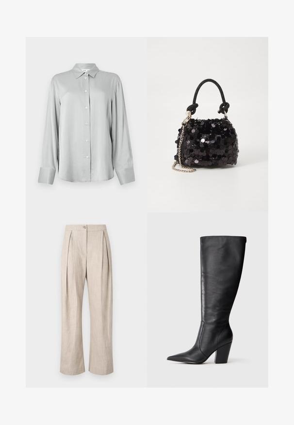 Lysegrå langærmet skjorte med struktureret krave og frontknaplukning. Lavet af glat stof med en afslappet pasform og lange manchetter.; Beige linnedragter med furer, vide ben og lukning med frontknap. Stoffet har en tekstureret overflade og en let, åndbar kvalitet.; Sort læderknehøj støvle med spids tå og kraftig høj hæl, vist i venstre sideprofil på hvid baggrund.; Sort pailette mini håndtaske med en knyttet struktureret rem og sølv kæde. Rund form med samlet top og reflekterende detaljer.