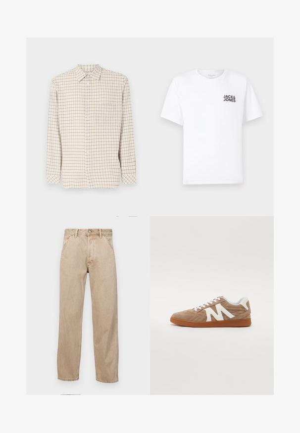 Károvaná košeľa s svetlo béžovým pozadím, s malými hnedými a tmavočervenými štvorcami, dlhými rukávmi, golierom na gombíky a náprsníkom.; Biely bavlnený tričko, krátke rukávy, klasický výstrih. Obsahuje čierny textový logotyp "JACK & JONES" na ľavej strane hrudníka. Jednoduchý, hladký dizajn.; Bežové denimové rifle so strihom rovného nohu, s prednými vreckami, kovovým zapínaním na gombík a jemnou textúrou.; Šnurovacie tenisky s hornou časťou z hnedej semišovej kože, bielymi textilnými akcentmi, prešitým dizajnom a hnedou gumovou podrážkou. Obsahuje výrazné logo "M".
