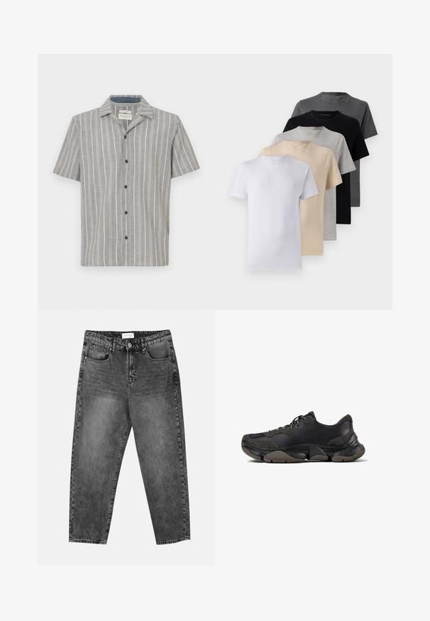 Šviesiai pilkas trumpomis rankovėmis marškinėliai su baltomis vertikaliomis juostelėmis. Savybės: mygtukų uždarymas ir klasikinis apykaklė. Pagaminti iš lengvos medžiagos.; Penki trumpomis rankovėmis marškiniai, baltos, smėlio, šviesiai pilkos, tamsiai pilkos ir juodos spalvų. Pagaminti iš švelnaus medvilnės, suapvalinto kaklo dizainu.; Juodos plačios tiesios kojų džinsai su priekinėmis ir galinėmis kišenėmis, dirželių kilpomis ir sagčių uždarymu klubų srityje.; Juodos sportinės sportbačiai su tekstūruota pado dalimi, odos ir zomšo viršutine dalimi, paminkštintu apykakle ir raišteliais, parodytas šone.