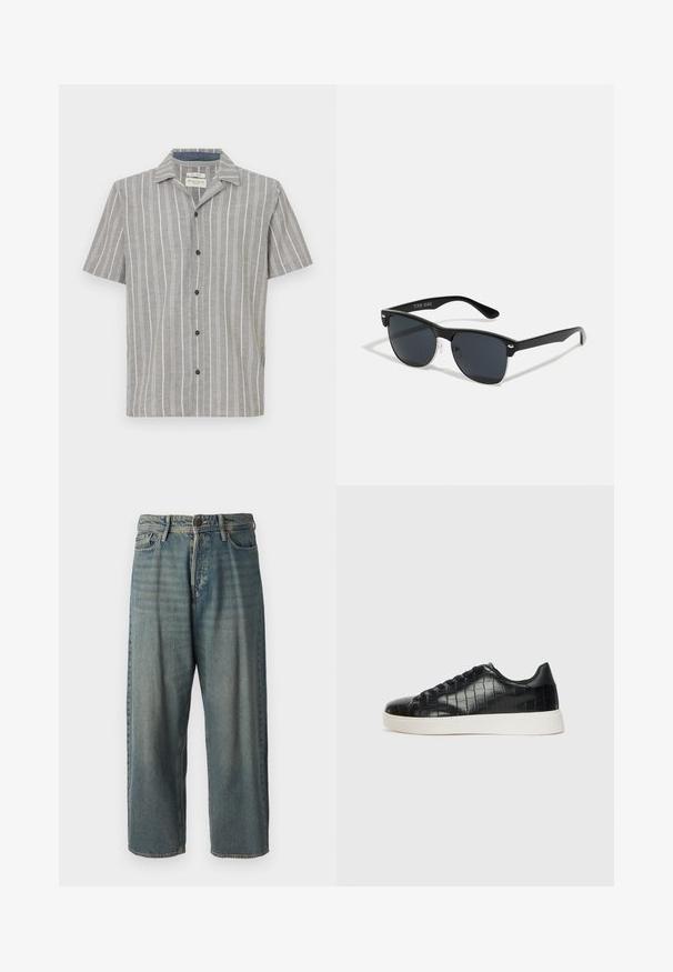 Srajca s kratkimi rokavi v svetlo sivi barvi z belimi vertikalnimi črtami. Ima gumbno zapenjanje spredaj in klasičen ovratnik. Narejena je iz lahkega blaga.; Svetlomoderne kavbojke z ohlapnim krojem, srednjim pasom in ravnimi nogami. Imajo pet žepov, zanke za pas in zapiranje na gumb.; Črne športne copate z zgornjim delom iz teksturirane usnjene tkanine s kroko, zaobljenim nosom in kontrastnim belim gumijastim podplatom z gladko površino.; Črne sončne naočare pravokotne oblike, temna leča, srebrni detajli na ušesih in mat površina na okvirju.