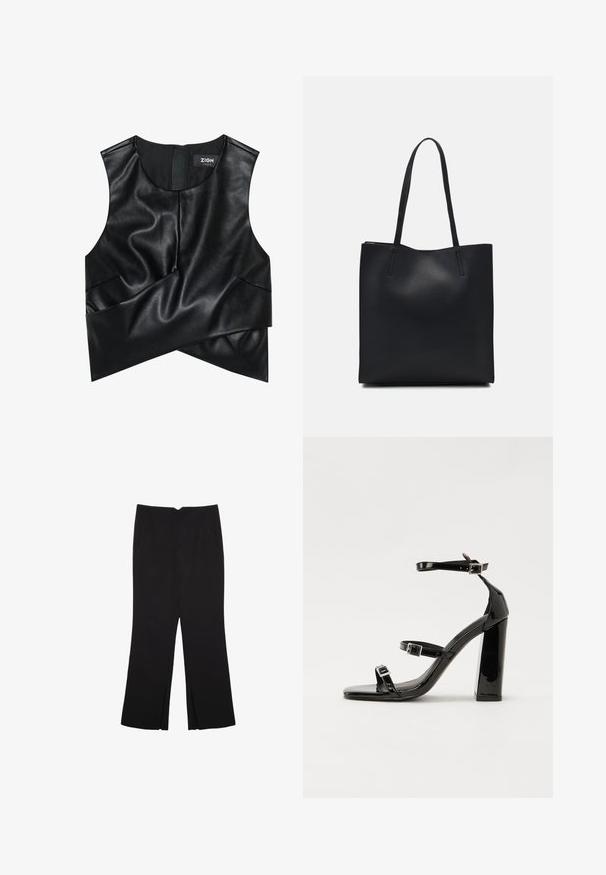 Czarny bezrękawnik wykonany z teksturowanej sztucznej skóry, z zaokrąglonym dekoltem i skręconym przodem, co nadaje mu strukturalny wygląd.; Czarne spodnie o prostym kroju, z przednimi kieszeniami i bocznymi rozcięciami na dole. Wykonane z miękkiego, gładkiego materiału. Odpowiednie na różne okazje.; Czarne lakierowane sandały na obcasie z kwadratowym noskiem, z paskami wokół kostki i srebrnymi klamrami. Posiadają masywny słupek dla stabilności.; Czarna skórzana torba tote o gładkiej fakturze, prostokątnym kształcie i dwóch długich uchwytach. Brak widocznych elementów metalowych i ozdób.