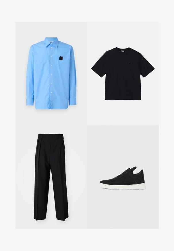 Maglietta azzurra a maniche lunghe in tessuto liscio, con colletto a punta e un logo ricamato nero sul lato sinistro del petto.; T-shirt nera a maniche corte in cotone, con colletto a girocollo e un piccolo logo sul lato sinistro del petto. Tessuto morbido e vestibilità rilassata.; Pantaloni neri a pieghe con un design dritto e gamba larga. Realizzati in tessuto morbido, con chiusura a bottone e passanti per cintura.; Sneaker in suede nero con suola in gomma bianca, caratterizzato da cuciture tonali e design con lacci. Texture liscia con una forma moderna e aerodinamica.