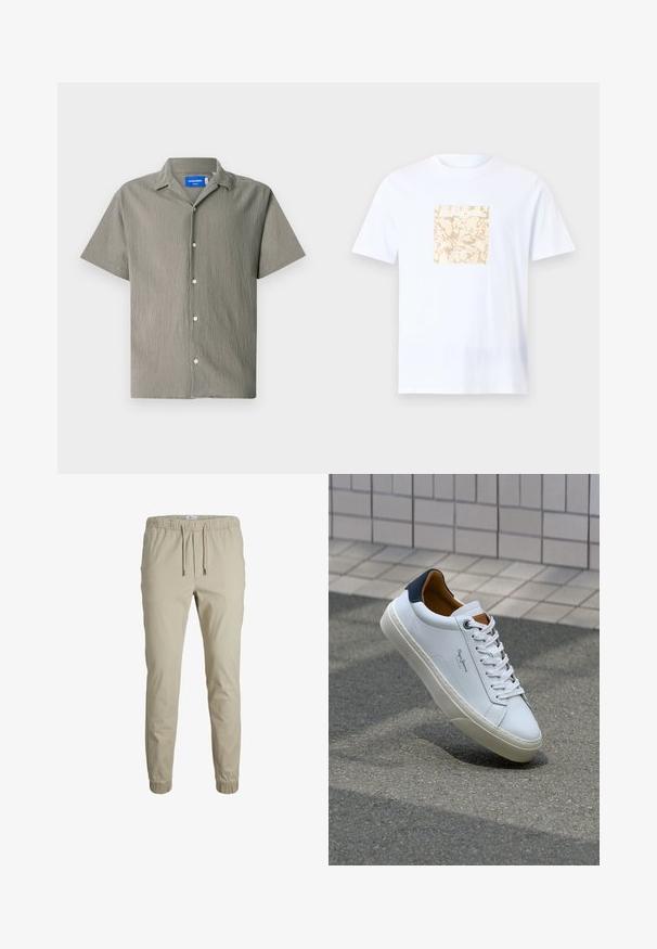 Korte mouw shirt in olijfgroen met een gestructureerde afwerking, voorzien van een kraag en een sluiting met knopen aan de voorkant. Inclusief lichtgekleurde knopen.; Witte katoenen t-shirt met een vierkante beige grafiek met een gestructureerd patroon in het midden. Korte mouwen en een ronde halslijn.; Beige taperende joggingsbroeken met een elastische tailleband, trekkoord en enkelmanchetten, gemaakt van zacht materiaal. Heeft een gladde textuur en een minimalistisch ontwerp.; Witte leren sneaker met een marineblauwe hiel, ronde neus en contrasterende bruin accent. Beschikt over platte veters en een gestructureerde rubberen zool.