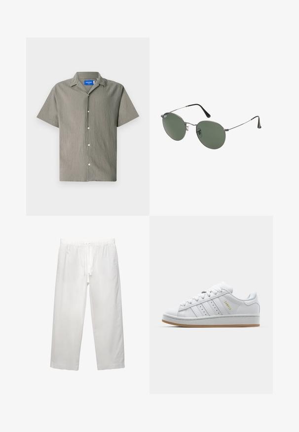 Krátký rukáv košile v olivově zelené barvě s texturovaným povrchem, která má límeček a zapínání na knoflíky vpředu. Obsahuje světle zbarvené knoflíky.; Bílý bavlněný tričko s krátkými rukávy, klasickým kulatým výstřihem a volným střihem. Hladká textura bez viditelných vzorů nebo akcentů.; Bílé lněné kalhoty s elastickým pasem a stahovací šňůrkou, širokým střihem a čistými švy. Hladká textura s volnějším střihem.; Bílé tenisky s perforovaným designem tří pruhů, texturovanými detaily, gumovou podrážkou a zlatým logem "CAMPUS" po straně.; Sluneční brýle s kovovým rámem a oválnými zelenými skly. Tenký stříbrný kovový rám a černé chrániče uší. Minimalistický design, žádné viditelné logo.