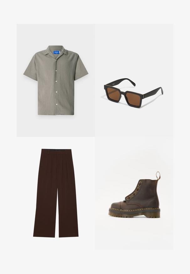 Kurzärmliges Hemd in Olivgrün mit strukturierter Oberfläche, mit Kragen und Knopfverschluss vorne. Enthält hellfarbige Knöpfe.; Braune weite Hosen mit Falten. Aus einem glatten Stoff gefertigt, mit einem taillierten Bund und seitlichen Taschen. Flacher Saum am Boden.; Braune Leder-Ankleboots mit runder Spitze, kontrastierenden gelben Nähten, dekorativen Metallösen und rutschfester Gummisohle.; Schwarze quadratische Sonnenbrillen mit braunen Gläsern, mattem Finish und goldenen Akzenten im Rahmen. Das Design ist kantig mit breiten Bügeln.; Digitaluhr von Casio mit einem roségoldenen Metallarmband, rechteckigem Gehäuse, beleuchtetem Display und Wasserfestigkeit, zeigt Uhrzeit und Datum an.