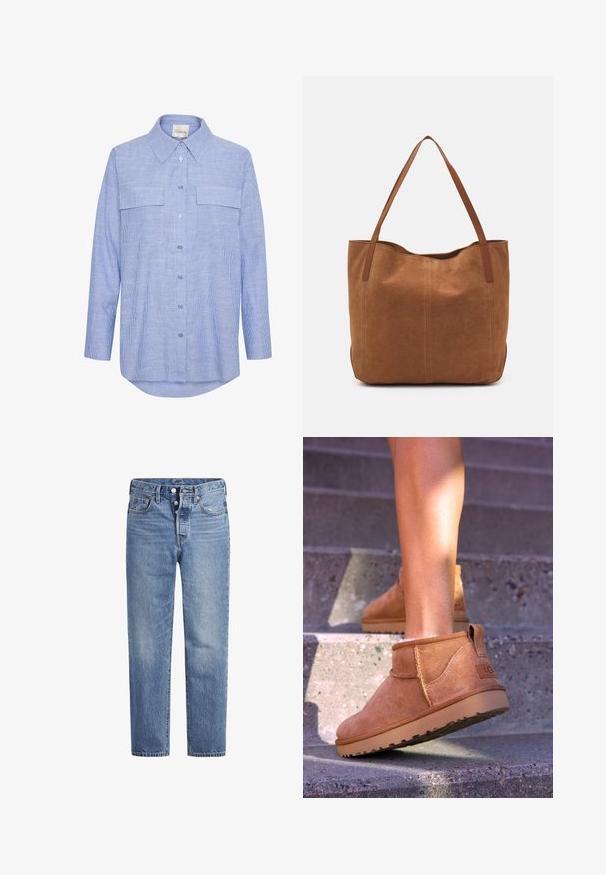 Hele sinine nööbideta särk vertikaalsete valgete triipudega, pikkade varrukatega, kahte rinna taskut ja klassikalise krae teemal. Sile puuvillane kangas.; Heled sinised teksad sirge lõikega, viie tasku disainiga ja nööpidega kinni. Omavad kerget pleekimist ja oranže õmblusi.; Kergedest nahast pahklu ботинки pehme tekstuuriga, õmmeldud detailide ja kummist tallaga, millel on sanga kand kergesti selga panemiseks.; Pruun nubukist kott kahe pika sangaga, millel on sile tekstuur, lihtne disain ja nähtavad riistvara või aksessuaarid puuduvad.