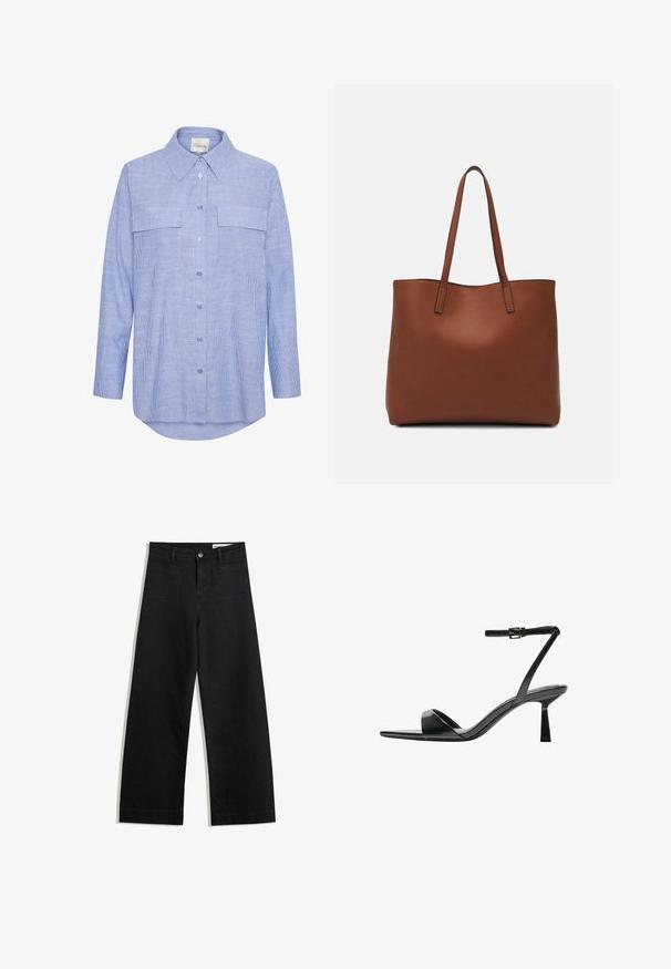 Camicia azzurra chiara con righe verticali bianche, maniche lunghe, due tasche sul petto e colletto classico. Tessuto di cotone morbido.; Pantaloni in denim neri a gamba larga con vita alta, dotati di tasche anteriori e posteriori, cuciture a punto, e chiusura con bottone. Texture liscia.; Bershka Sandali con tacco - black; Borsa tote in pelle marrone con texture liscia, design con apertura superiore e due spallacci. Presenta cuciture minime e nessun hardware visibile.