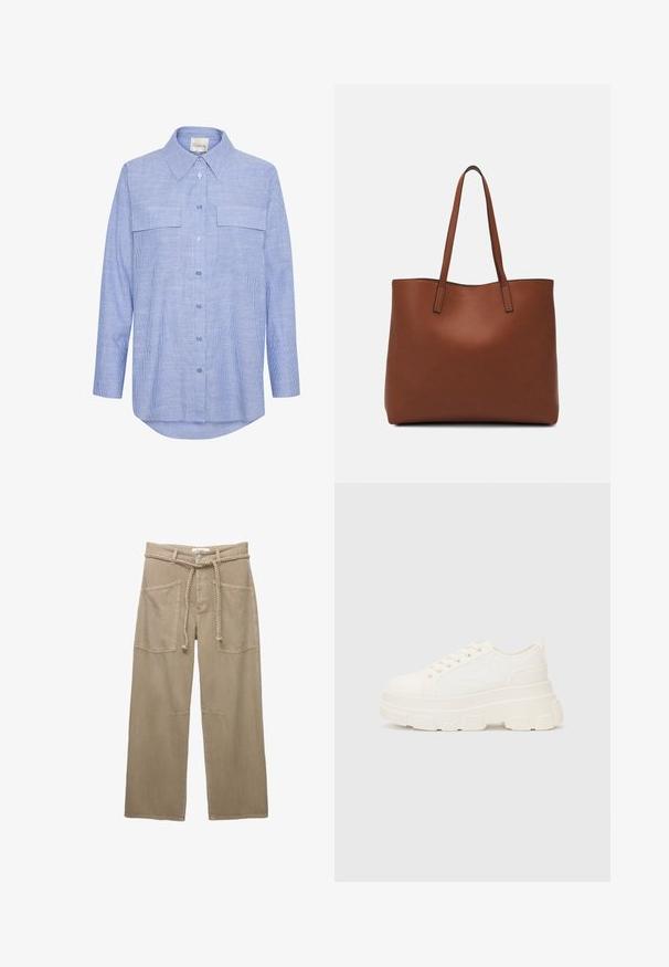 Hellblaues Button-Down-Hemd mit vertikalen weißen Streifen, langen Ärmeln, zwei Brusttaschen und einem klassischen Kragen. Glattes Baumwollmaterial.; Beige weite Hosen aus robustem Stoff, mit großen Fronttaschen, einem geflochtenen Gürtel und dezenten Nahtdetails.; Weiße Leinensneaker mit einer massiven Sohle, abgerundeter Spitze und fünf Ösen für Schnürsenkel. Hinterer Tab für ein einfaches Anziehen. Glatte Textur, minimalistisches Design.; Braune Leder-Tote mit glatter Textur, offenem Oberteil und zwei Schulterriemen. Verfügt über minimale Nähte und keine sichtbaren Beschläge.