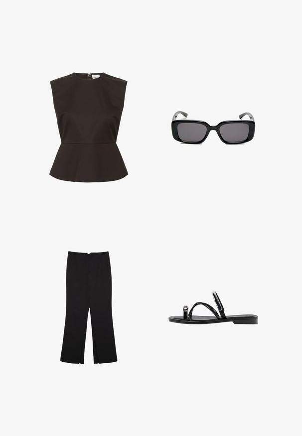 Mustapekkinen yläpaita, jossa on korkea kaulus, muotoillut hartiat ja piilovetoketju takana. Yläosa on valmistettu sileästä kankaasta.; Mustat housut suoralinjaisella leikkauksella, joissa on etutaskut ja sivurei'ät helman alla. Valmistettu pehmeästä ja sileästä kankaasta. Sopii eri tilaisuuksiin.; Mustat litteät sandaalit, joissa on kiiltävä pinta, kolme ohutta hihnaa ja pyöreä metalliosuus varpaissa. Tyylikäs muotoilu, jossa on minimaalinen kantapää.; Mustat suorakulmaiset aurinkolasit tummilla linsseillä, sileä muovikehys ja kaarevat templet. Suunnittelu on jykevä ja minimalistinen.