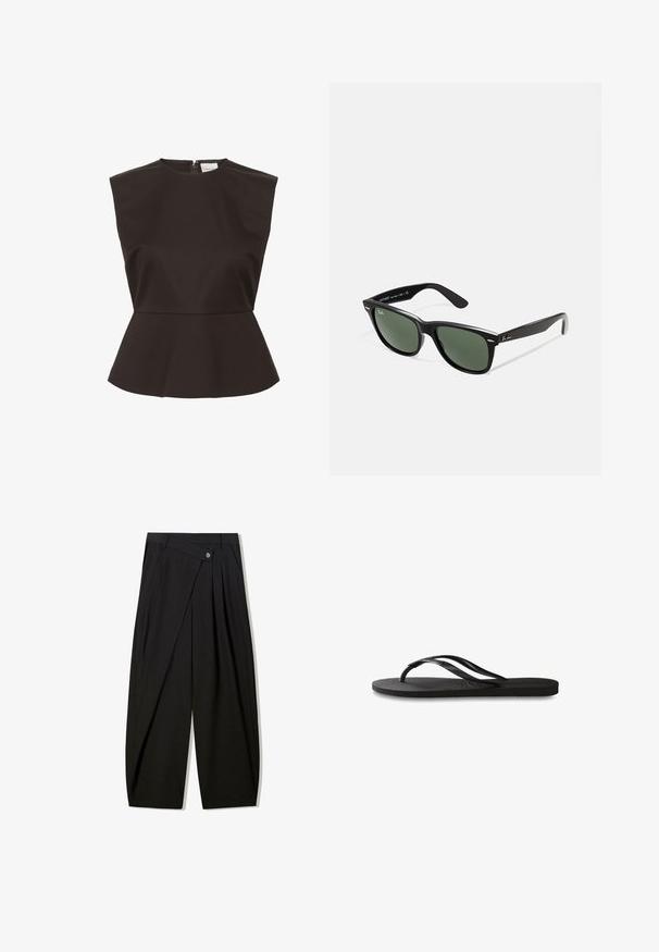 Sort peplum-top med høj hals, strukturerede skuldre og en skjult lynlås bagpå, lavet af et glat stof.; Sorte brede bukser lavet af glat stof, med frontfolder, knaplukning og skræddersyet design for en struktureret silhuet.; Sorte flip-flop med en tekstureret gummisål, to slanke stropper og et subtilt, præget logodetalje på stroppen.; Sorte plastiksolkaber med grønne linser, firkantede stel, sølvaccent på brynene og teksturerede templede arme. Angivet mærke på den indre arm.; Lille sort blank læderpose med snøre og korte håndtag på en lys grå baggrund.