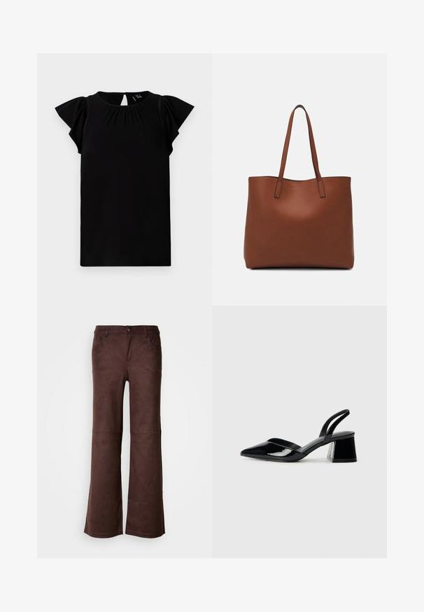 Top scurt negru cu mânecă scurtă, realizat dintr-un material moale, având decolteu rotund, detalii pliate și mâneci fluture cu decupaj la spate.; Pantaloni maro evazați dintr-un material moale, asemănător cu suedeul. Prezintă patru buzunare, o închidere cu nasture și o suprafață netedă, texturată.; Pantofi cu toc slingback din piele lacuită neagră, cu vârf ascuțit și toc geometric. Prezintă un design elegant, minimalist și o textură netedă.; Geantă de umăr din piele maro cu o textură netedă, design cu vârf deschis și două curele pentru umăr. Prezintă cusături minime și fără componente metalice vizibile.