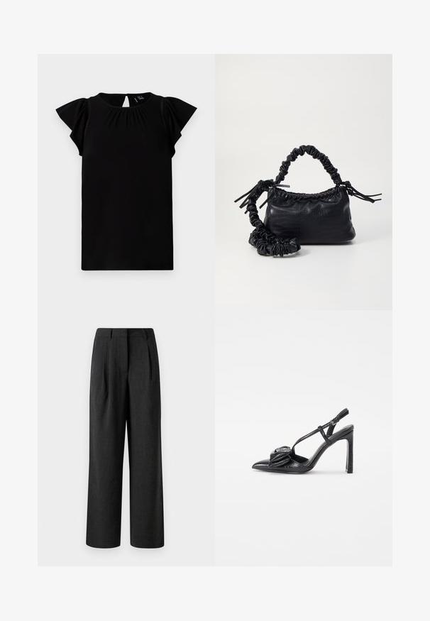 Černý top s krátkým rukávem vyrobený z měkké látky, s kulatým výstřihem, sklady a zvlněnými rukávy s výřezem na zadní straně.; Černé široké kalhoty vyrobené z texturované tkaniny, s předními záhyby a upraveným pasem, navržené pro volný střih.; Černý vysoký podpatek s špičatou špičkou, lesklou texturou, tenkými řemínky a ozdobným skládáním na přední straně.; Černá kabelka z umělé kůže s krokodýlím vzorem, staženým vrškem a zmačkaným popruhem. Zdá se, že má měkký a kompaktní design.