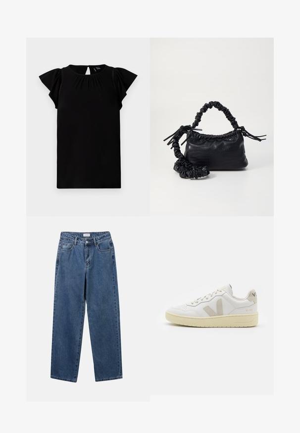 Črna kratkotrajna majica iz mehkega materiali, ki ima okroglo ovratnico, naborke in rahle rokave z izrezi na hrbtni strani.; Klasične modre jeans hlače s ravnim krojem, petimi žepi in gumbom za zapiranje. Imajo srednje pranje in trdno teksturo.; Bela usnjena tenisača z bež semiš poudarki, perforiranim prednjim delom, ravnimi vezalkami in strukturiranim kremnim podplatom. Ima diskretno blagovno znamko na peti.; Črna torbica iz umetnega usnja s krokodilovo teksturo, z zvitim vrhom in zmečkano naramico. Zdi se mehka in kompaktna v oblikovanju.