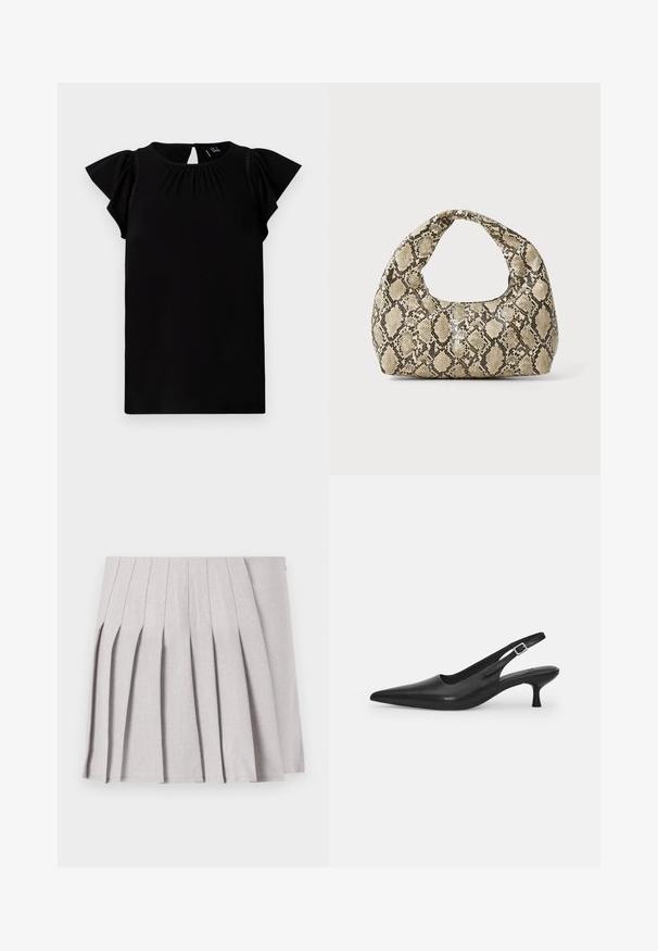 Must have juhuslik must lühikeste varrukatega topp, mis on valmistatud pehmest kangast, ümmarguse kaelusega, volditud detailide ja avatud seljaga flirdavaid varrukaid.; Hallgray plekilise seelik sujuva tekstuuriga, millel on mitu vertikaalset voldikest ja sobiv talje. Valmistatud kerge kangaga.; Mustmustast musta nahast slingback king, millel on terav varvas ja kitsas, kumer konts. Omab diskreetset reguleeritavat rihma metallist pandlaga.; Musta käärmeprindiga kott kõveraga käepidemega. Valmistatud tekstiilsetest, beežidest ja pruunidest materjalidest, millel on iseloomulik rombikujuline muster.