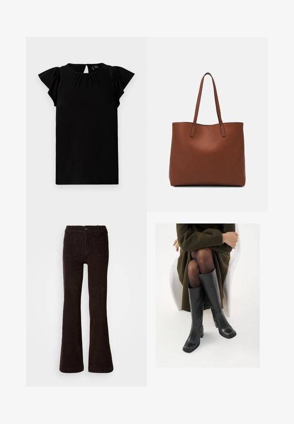 Melna īsām piedurknēm topiņa, izgatavota no mīkstiem audiem, ar apaļu kakla izgriezumu, locījumu detalizāciju un plīvurotām piedurknēm ar izgriezumu aizmugurē.; Brūnas kordurojas zvārgā bikses ar teksturētu virsmu, ar priekšējo pogu aizdari, jostas cilpām un divām aizmugures kabatām.; Ceļgalu augstuma melni ādas zābaki ar kvadrātu purngalu un bloku papēdi, attēloti modelī, kurš sēž olīvu zaļā mētelī. Gluda tekstūra, minimāla apdare.; Brūna ādas iepirkumu soma ar gludu tekstūru, atvērta augšdaļa un divas plecu siksnas. Izceļas ar minimālām šuvēm un redzamu aparatūru nav.