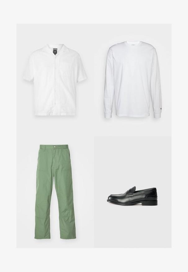 Bílá košile s krátkým rukávem vyrobená z lehkého materiálu, s knoflíkovou přední částí, špičatým límcem a kapsou na hrudi. Minimalistický design.; Bílá dlouhá tričko s dlouhými rukávy vyrobené z bavlny. Design s kulatým výstřihem, žebrované manžety a malé logo na levém rukávu. Hladká textura.; Světle zelené kalhoty volného střihu s hladkým povrchem, které mají boční kapsy a viditelné švy. Dlouhé, s rovnou nohavicí.; Černé kožené mokasíny s hladkým povrchem, prošívanými detaily na svršku a mírně zvýšeným podpatkem.